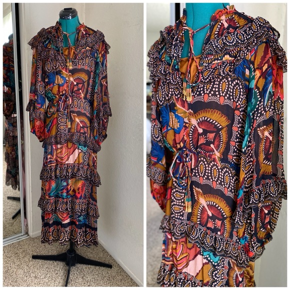 NWT FARM Rio Multicolor Maxi Dress with Ruffle Details Size M